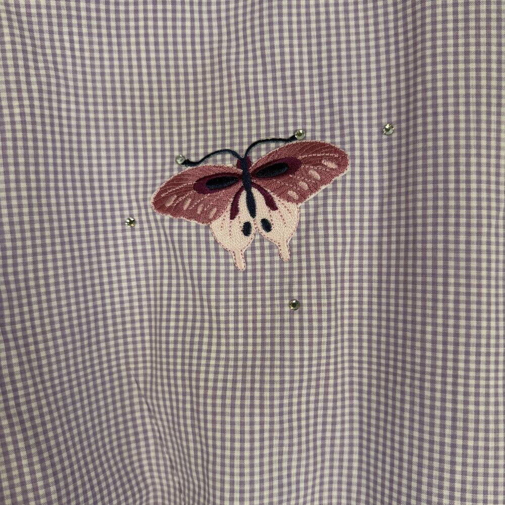 MILI DESIGNS Embroidered Blouse Top Womens Purple S Gingham Check Butterflies - Picture 6 of 9